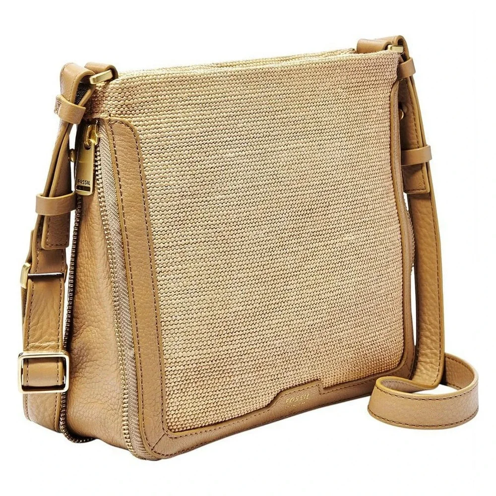 Fossil Preston Straw Crossbody Bag Beige Leather Trim New with Tags